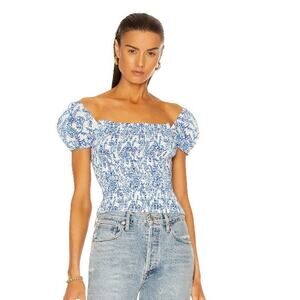 Caroline Constas Malta Top Blouse Stretch Smocked Puff Sleeve Shirt Small